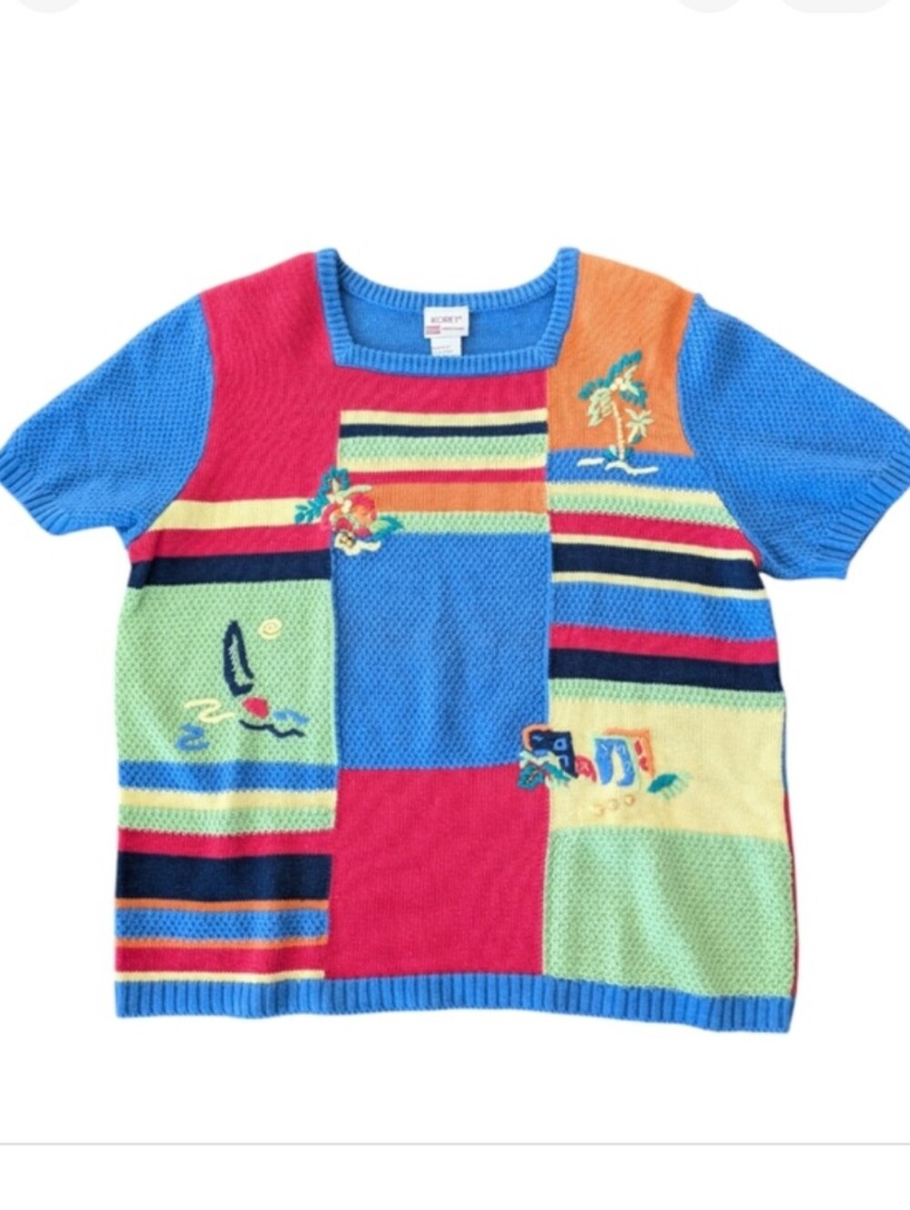 Vintage Koret Francisca Sweater Colorful Embroidered‎ Granny Beach Theme L